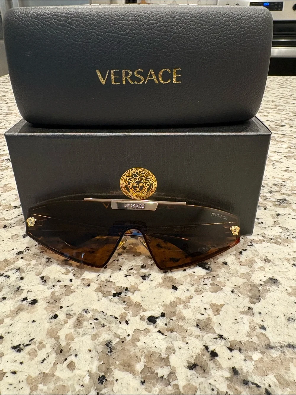 Versace Gold Frame Brown Shield Sunglasses with Logo Accent